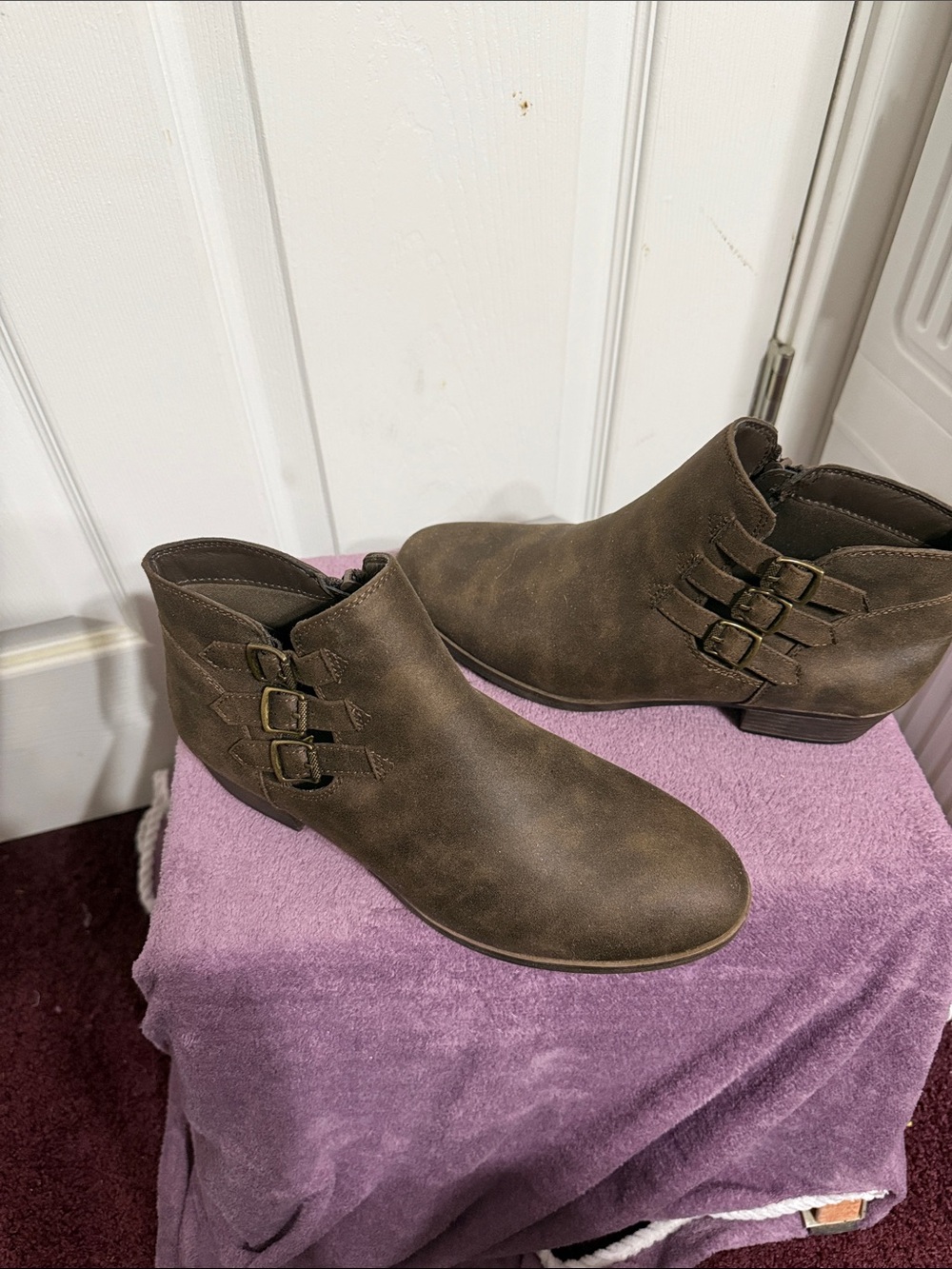 Rampage Olive Brown Ankle Booties with Triple Buckle Accents